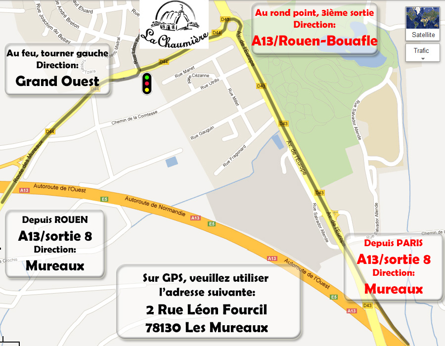 Plan acces Hotel La Chaumiere aux Mureaux près Poissy, Orgeval, Flins, Aubergenville